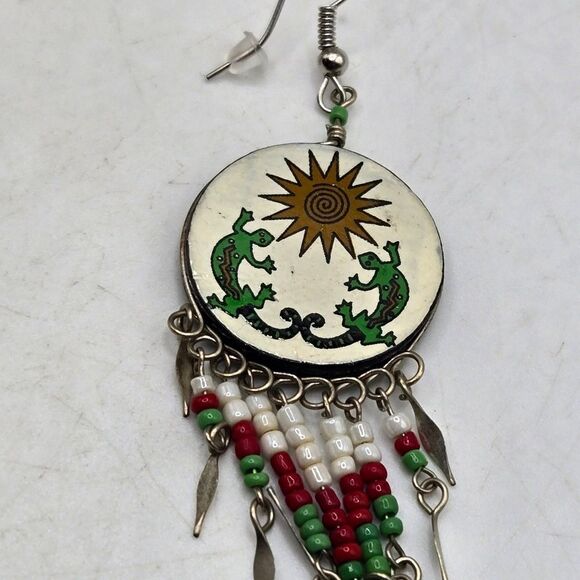 "5/$25" Mismatched Ethnic Dragon Lizard Brass Shell Bead Dangle Earrings - Picture 7 of 9